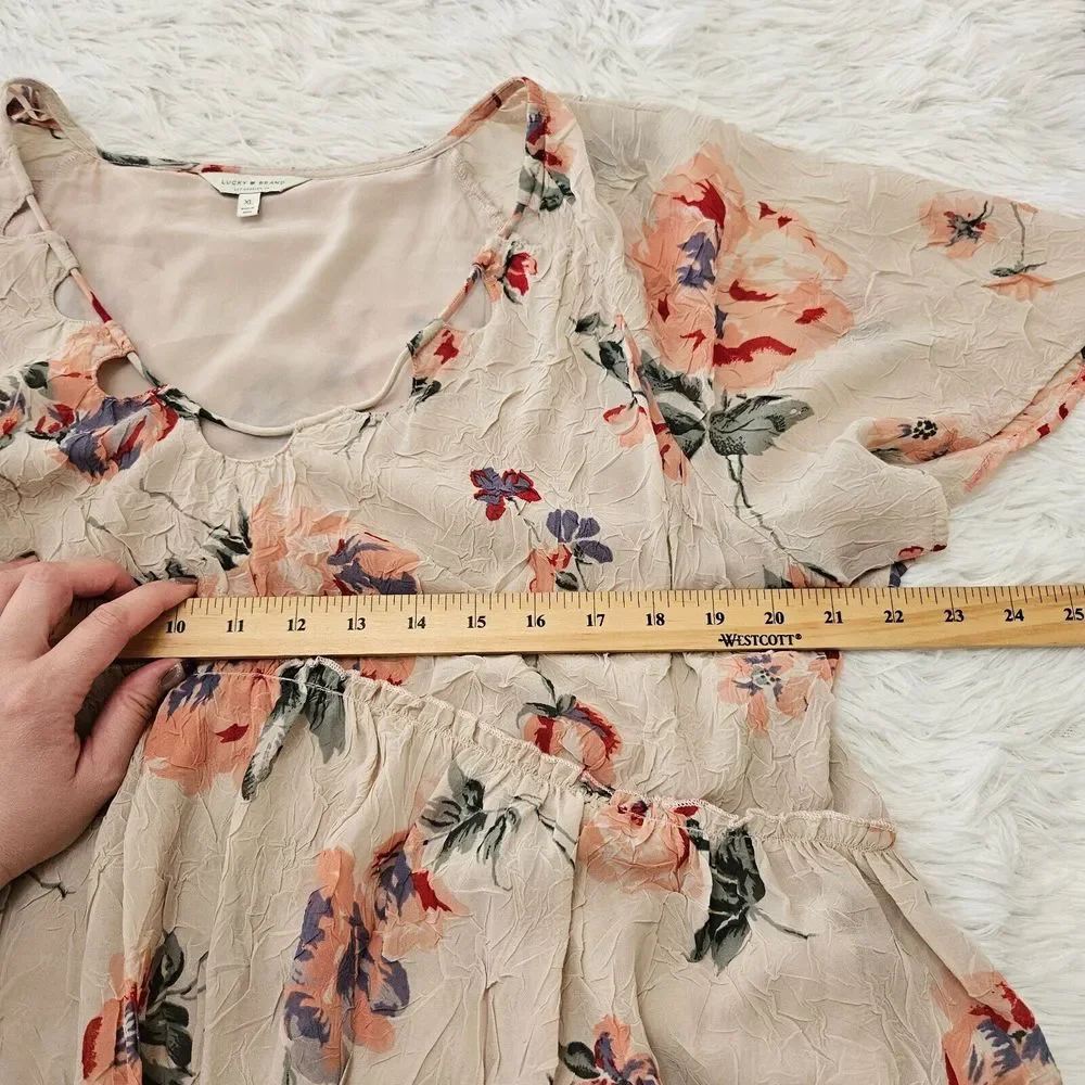 Lucky Brand Women's Floral Crinkle Flutter Sleeve Romantic Babydoll Blouse Sz XL - Picture 8 of 10